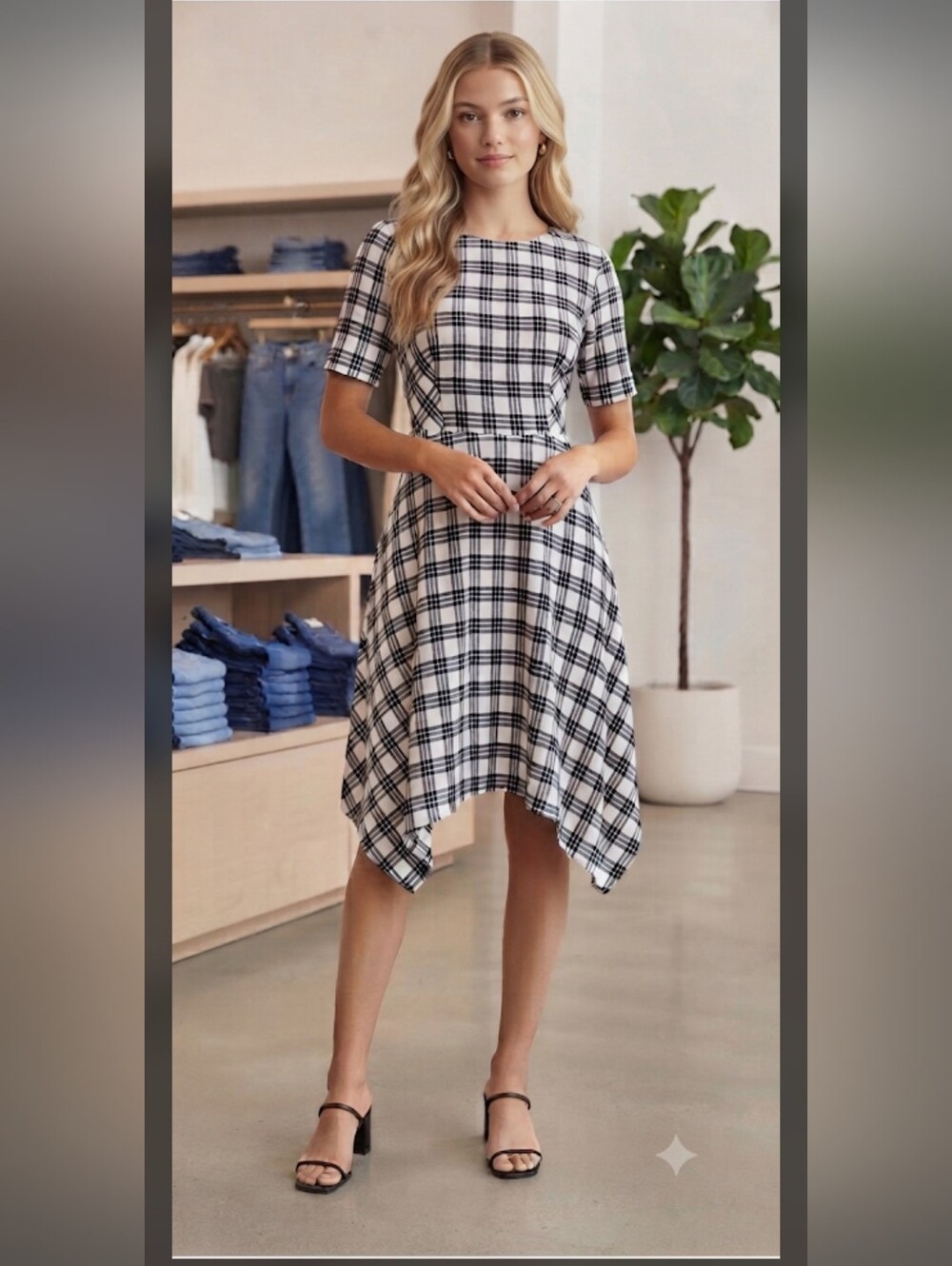 Elle Asymmetrical Black and White Plaid Dress